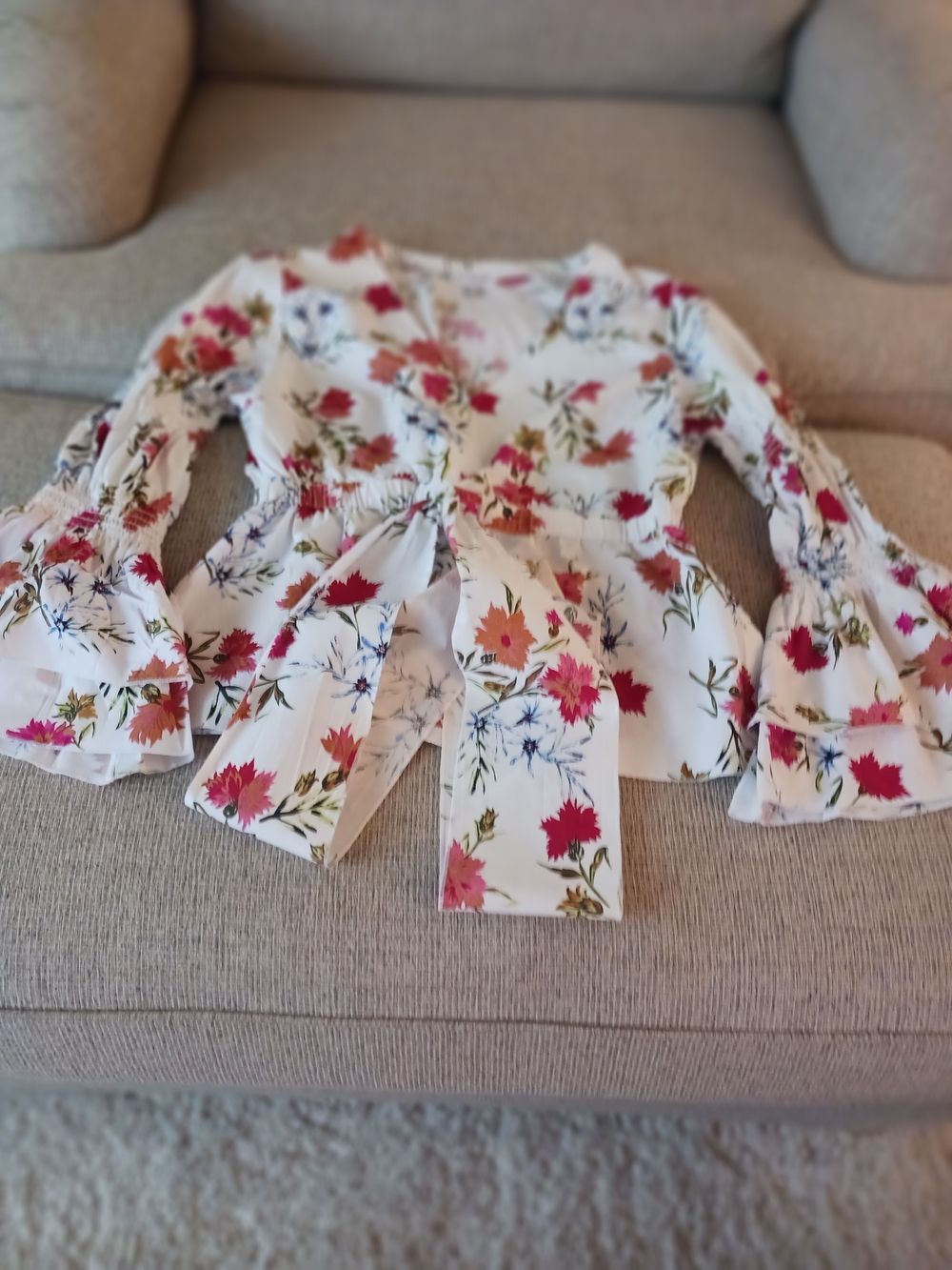 VENUS White Floral Tie-Front Peplum Blouse with Ruffled Sleeves
